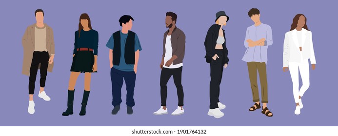 Street fashion vector illustration with different people wearing stylish clothes. Minimalistic drawing style. Stylish clothes for cloth design. Textile print. Fashion print for any purposes
