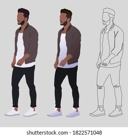 Street fashion vector illustration with man wearing stylish clothes. Man's street fashion. Minimalistic drawing style. Stylish clothes for cloth design. Textile print. Fashion print for any purposes