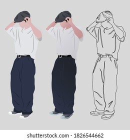 Street fashion vector illustration with man wearing stylish clothes. Minimalistic drawing style. Stylish clothes for cloth design. Textile print. Fashion print for any purposes. Gradient elements