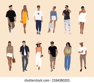 Street fashion vector realistic illustration. Collection of stylish young women and men dressed in trendy summer clothes. Set of fashionable casual outfits. Bundle of cute girls and men trendsetters.