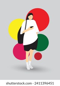 Street fashion woman with bag vector cartoons illustration. Stylish woman wearing trendy modern street style outfit standing with bag. Cartoon female character isolated on white