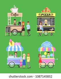 Street fast food from carts with friendly vendors. Natural coffee, tasty pizza, cold ice cream and soft cotton candy van cart vector illustrations.