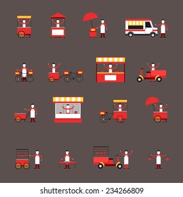 Street Fast Food Icon Flat Set With People Delivery Truck Cart Isolated Vector Illustration