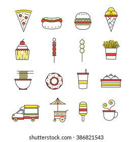 Street  and Fast Food Line with Color Icons Set