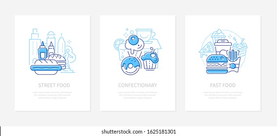 Street and fast food - line design style banners with copy space for text. Cafes with hamburgers, french fries and soda, confectionary with cakes, donuts, ice cream. Thin line illustrations with icons