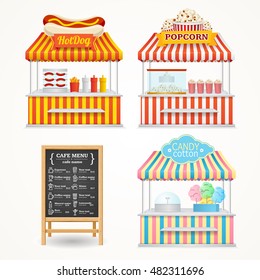 Street Fast Food Market Set and Menu Blackboard. Popcorn shop, Hotdog stall, Candy cotton markets. Vector illustration