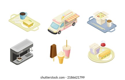 Street and fast food objects. Truck, hot dog, ice cream, pasta, coffee machine vector illustration