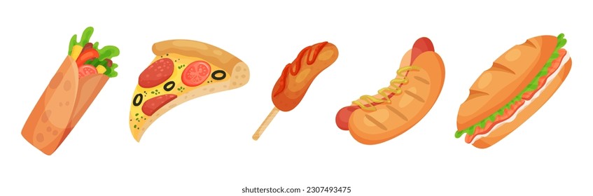 Street Fast Food with Pizza, Hot Dog and Sandwich Vector Set