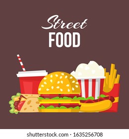 Street fast food posters or banner vector cartoon illustration. Soda drink and burger or hot dog sandwich and chicken nugget snack with french fries potato. Junk street fast food menu.