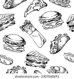 Street fast food seamless pattern. Sweet desserts, snacks, takeaway eating. Burger, pizza, sandwich, croissant with fillings. Flat  outline, line art vector illustrations isolated on white background