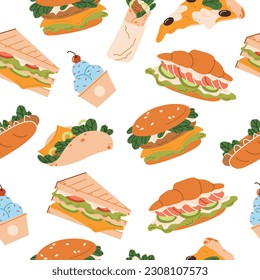 Street fast food seamless pattern. Sweet desserts, snacks, takeaway eating. Burger, pizza, sandwich, croissant with fillings. Flat vector illustrations isolated on background