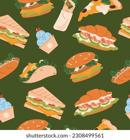 Street fast food seamless pattern. Sweet desserts, snacks, takeaway eating. Burger, pizza, sandwich, croissant with fillings. Flat vector illustrations isolated on background