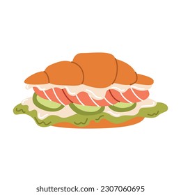 Street fast food set. Sweet desserts, snacks, takeaway eating. Burger, pizza, sandwich, croissant with fillings. Flat vector illustrations isolated on white background