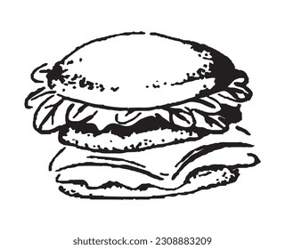 Street fast food set. Sweet desserts, snacks, takeaway eating. Burger, pizza, sandwich, croissant with fillings. Flat  outline, line art vector illustrations isolated on white background