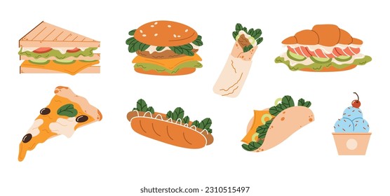 Street fast food set. Sweet desserts, snacks, takeaway eating. Burger, pizza, sandwich, croissant with fillings. Flat vector illustrations isolated on white background