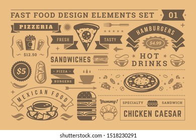 Street and fast food signs and symbols with retro typographic design elements vector set for restaurant menu decoration. Pizza, burger and sandwich silhouettes vector illustration.