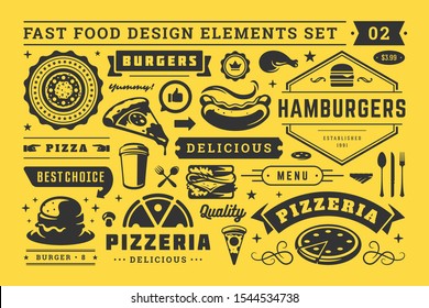 Street and fast food signs and symbols with retro typographic design elements vector set for restaurant menu decoration. Pizza, burger and sandwich silhouettes vector illustration.