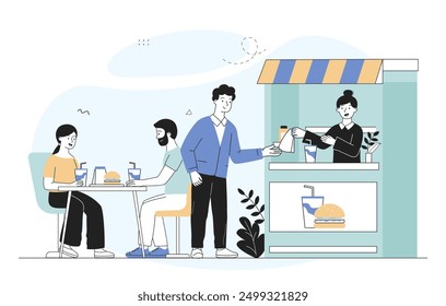 Street fast food stall. Men and women buy burgers and hot dogs. Cafe and catering service. Young guy with takeaway eating. Linear vector illustration isolated on white background