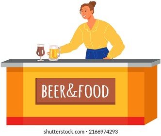 Street fast food stand, takeaway restaurant. Woman works in sale of beer and food. Outdoor bar with alcoholic drinks and snacks. Sale of intoxicating beverage in beer bar vector illusration