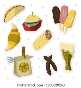 Street fast food stickers set. Illustrations for pins or patches. Stock vector