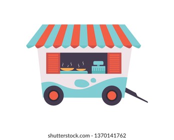 Street Fast Food Store on Wheels, Mobile Food Trailer Vector Illustration