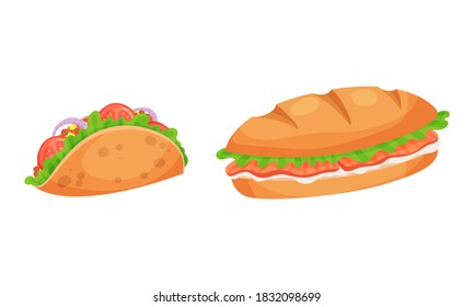 Street Fast Food with Taco and Stuffed Bun Vector Set