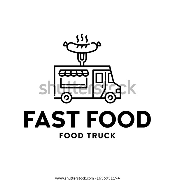 Street fast food truck logo. Vector BBQ van\
logotype illustration. Grilled sausage bar background. Festival car\
to cook and sell meals