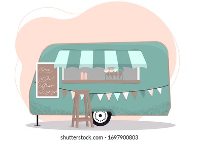 Street and Fast Food. Food truck. Mobile restaurant with ice cream and pizza