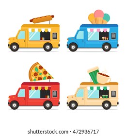 Street Fast Food Truck Set. Flat Cartoon Design. Vector illustration of streets foods transport, mobile shops for street market festival. Pizza, Ice-cream, Coffee and hot-dogs car.