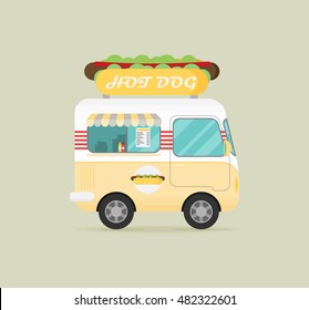 Street Fast Food Truck Set. Flat Design. Vector illustration