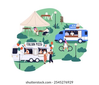 Street fast food trucks, cafe vans in city park. Tiny people eating pizza and ice-cream outdoors on summer holiday. Catering caravans in nature. Flat vector illustration isolated on white background