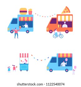 Street and Fast Food trucks. Pizza, Burger, Ice-cream trucks flat vector illustration.