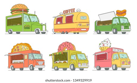 Street fast food trucks set. Burger and hot dog, pizza and coffee, ice cream and donut. Mobile fast food shop vehicle, vans and trucks. Set of sketch vector illustration isolated on white background.