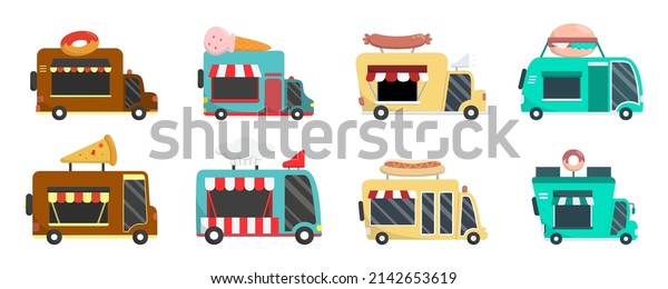 Street fast food trucks set. Burger\
and hot dog, pizza and coffee, ice cream and donut. Mobile fast\
food shop vehicle, vans and trucks. Vector\
illustration.