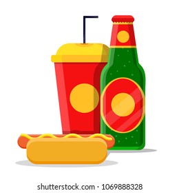 Street fast food unhealthy fan game match set concept. Glasses green bottle of beer, plastic red yellow glass of soda, hot dog with mustard. Modern flat vector illustration icons. Isolated on white 