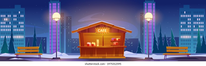 Street fastfood cafe at winter night cityscape background with skyscrapers. Outdoor cafeteria wooden stall on sidewalk with lamps and benches. Fast food shop in town park, Cartoon vector illustration