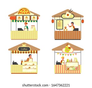 Street and fastfood city truck. Pizza, coffee, ice cream and rice noodle bar. Snack salling outdoors, during street festivals. Vector illustration in cartoon style