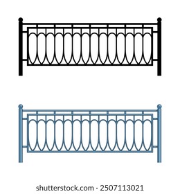 Street fence segment on transparent background in 2 styles - black silhouette and blue color