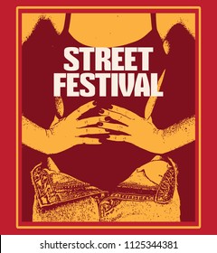 Street festival. Vector hand drawn illustration of girl in swimsuit made in pointillism style. Template for card, poster, banner, badge and pin. 