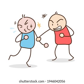 Street fight cartoon, a hand drawn doodle of stick figures in cartoon style  fighting each other in a brawl, isolated on white background.