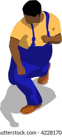 Street fighter after attack. African fat man in a blue overalls and a yellow t-shirt. 3d flat isometric.