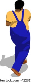 Street fighter after attack. African fat man in a blue overalls and a yellow t-shirt. 3d flat isometric.