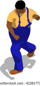 Street fighter after attack. African fat man in a blue overalls and a yellow t-shirt. 3d flat isometric.