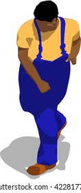 Street fighter after attack. African fat man in a blue overalls and a yellow t-shirt. 3d flat isometric.