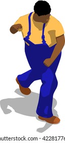 Street fighter after attack. African fat man in a blue overalls and a yellow t-shirt. 3d flat isometric.