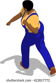 Street fighter after attack. African fat man in a blue overalls and a yellow t-shirt. 3d flat isometric.