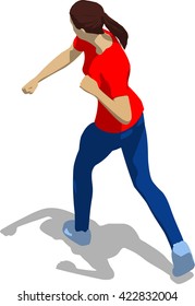 Street fighter after attack. Young athletic woman in red t-shirt and blue tights. 3d flat isometric.