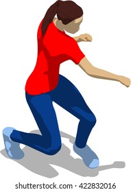 Street fighter after attack. Young athletic woman in red t-shirt and blue tights. 3d flat isometric.