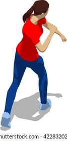 Street fighter after attack. Young athletic woman in red t-shirt and blue tights. 3d flat isometric.