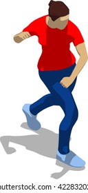 Street fighter after attack. Young athletic woman in red t-shirt and blue tights. 3d flat isometric.